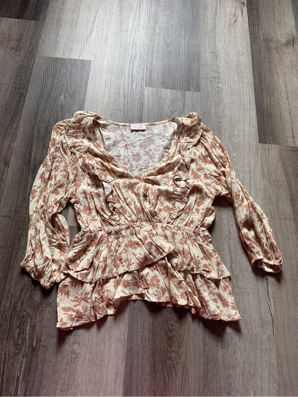 Pink Lily Cream & Brown Floral Ruffle Peplum Blouse